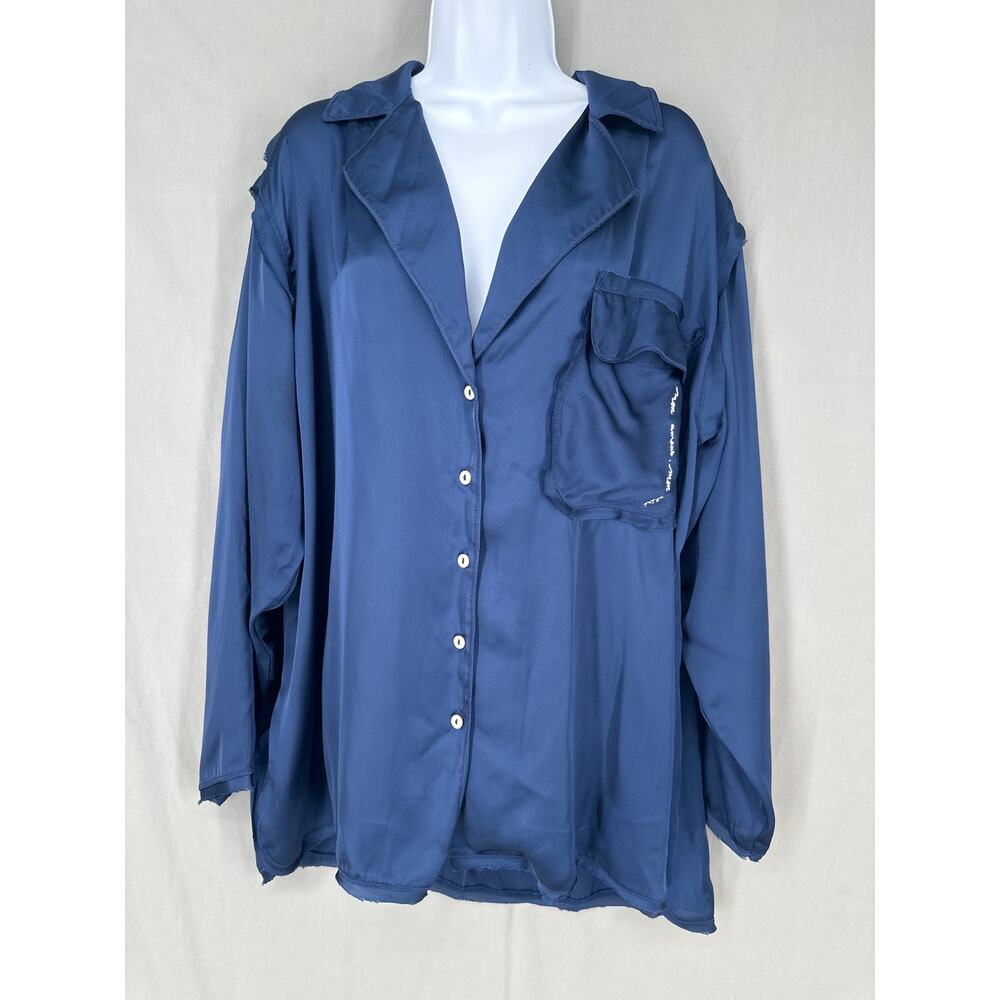Free People Oversized Satin Button-Down Shirt in Deep Blue